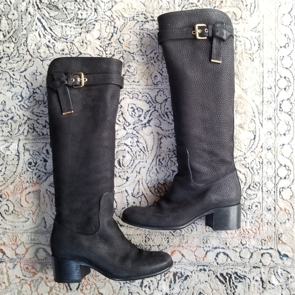 LOUIS VUITTON Black Grained Leather Suede Knee High Boots 35.5 - Picture 1 of 17